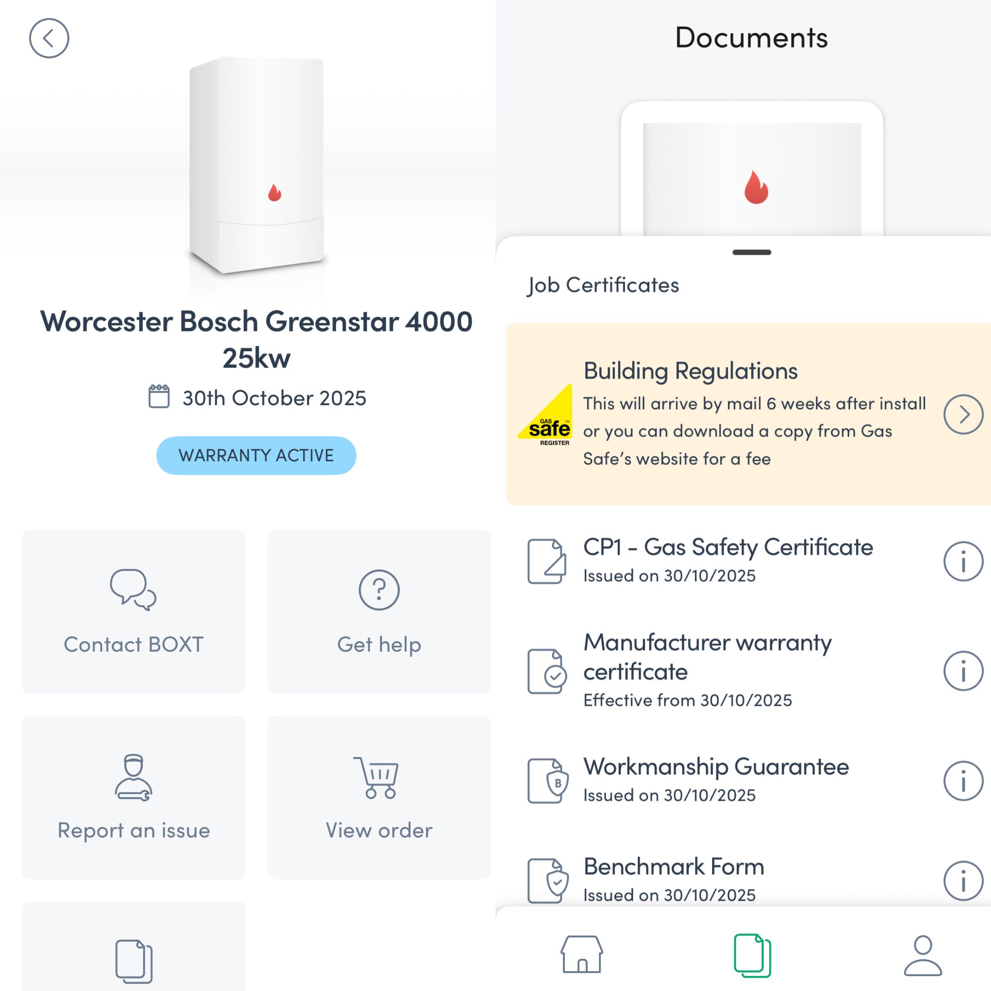 Screenshots of BOXT boiler app, showing job certificates and warranties