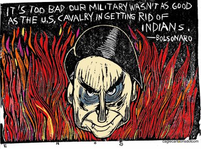 Political Cartoon Brazilian Military Jair Bolsonaro Amazon Fires Native Americans