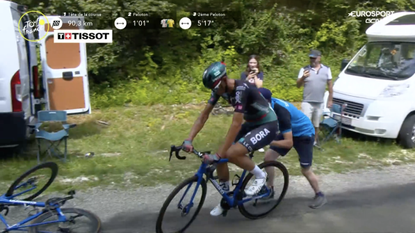 Nils Politt on a Shimano neutral service bike on stage 19 of the 2023 Tour de FRance