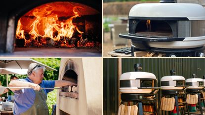 Images of the Gozney pizza ovens lined up, lit up, and being used