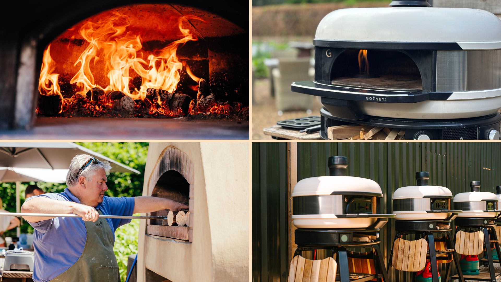 Images of the Gozney pizza ovens lined up, lit up, and being used