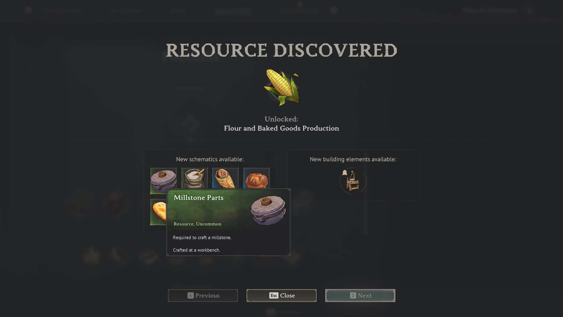 The Windrose "Resource Discovered" UI displaying Corn as a discovery and unlocking the Millstone Parts