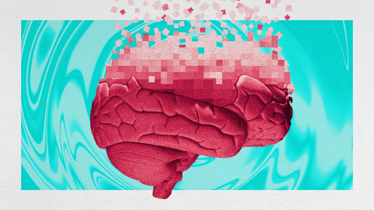 Photo collage of a brain fragmenting itself into pixels, rendered in the TikTok pink and teal colours