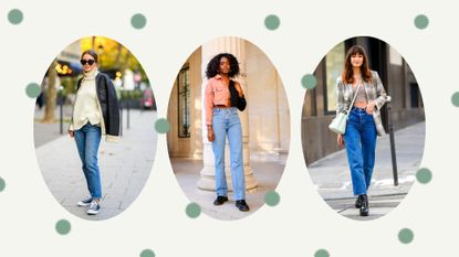 3 street style images showing how to style straight leg jeans. The street stylers wear straight leg jeans with slouchy knitwear, denim jackets and a blazer
