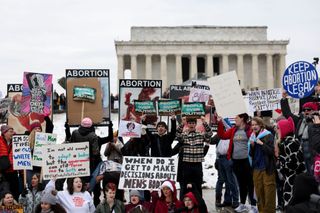 Demonstrators near the Lincoln Memorial reflecting pool during The People's March ahead of the 60th presidential inauguration in Washington, DC, US, on Saturday, Jan. 18, 2025.