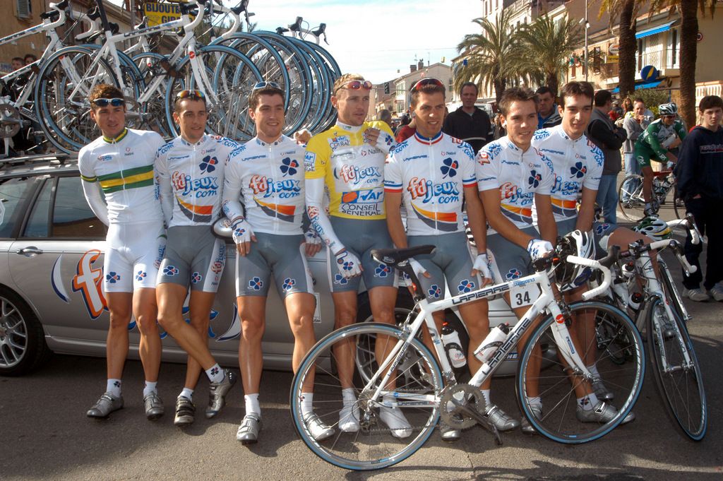Matt Wilson, and Philippe Gilbert rode alongside Baden Cooke on FDJ in 2004. Cooke is wearing the Tour M&eacute;diterran&eacute;en yellow jersey