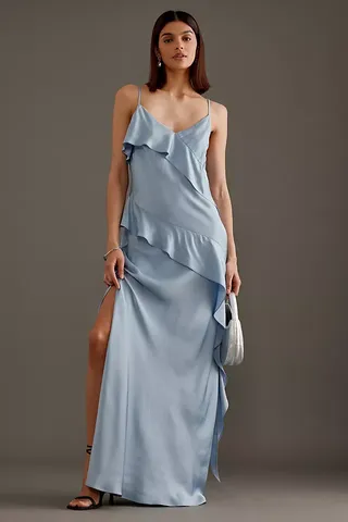 Asymmetric Ruffle Maxi Slip Dress