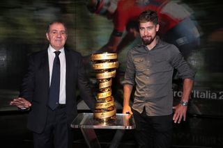 MILAN ITALY OCTOBER 24 Mauro Vegni of Italy Race Director Tour of Italy Peter Sagan of Slovakia and Team Bora Hansgrohe Trofeo Senza Fine Trophy during the 103rd Giro dItalia 2020 Route Presentation Giro on October 24 2019 in Milan Italy Photo by Emilio AndreoliGetty Images