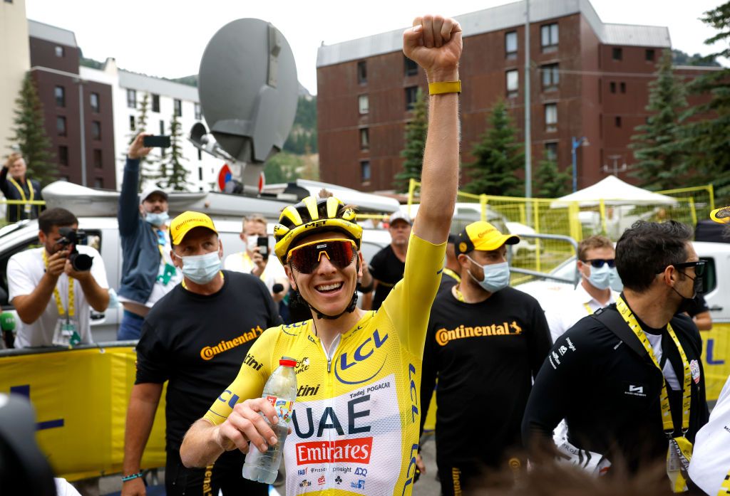 ISOLA 2000 FRANCE JULY 19 Stage winner Tadej Pogacar of Slovenia and UAE Team Emirates Yellow Leader Jersey reacts after the 111th Tour de France 2024 Stage 19 a 1446km stage from Embrun to Isola 2000 2022m UCIWT on July 19 2024 in Isola 2000 France Photo by Stephane Mahe PoolGetty Images