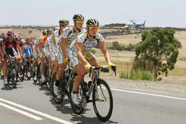 The HTC-Columbia team lead the peloton.