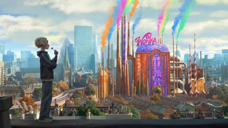 A first look at Charlie vs. the Chocolate Factory, with Charlie (Kit O'Connor) looking at Willy Wonka's chocolate factory in London