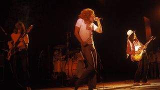 (from left) John Paul Jones, John Bonham, Robert Plant and Jimmy Page of Led Zeppelin perform at the Newport Jazz Festival in Newport, Rhode Island on July 6, 1969