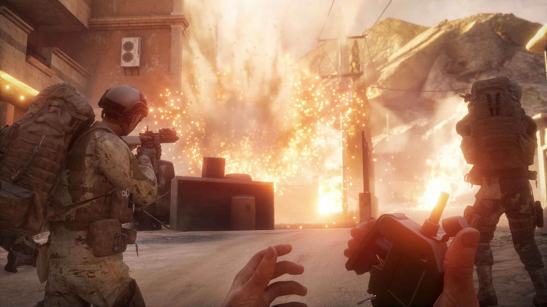 Three soldiers looking at an explosion during one of the best games like Battlefield, Insurgency: Sandstorm.