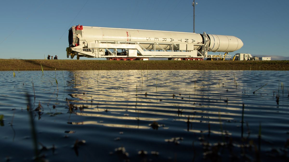 A Northrop Grumman Antares rocket is seen as it rolls out to Pad-0A, Tuesday, Oct. 29, 2019, at NASA's Wallops Flight Facility in Virginia.