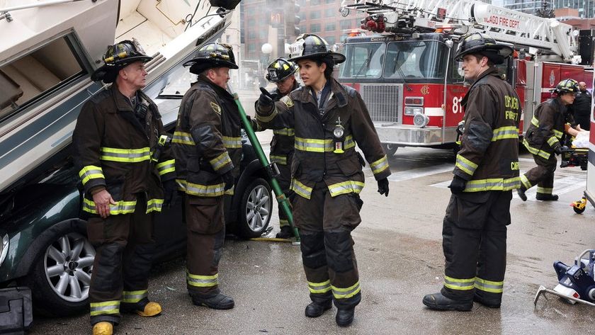 David Eigenberg as Christopher Herrmann, Christian Stolte as Randy “Mouch” McHolland, Miranda Rae Mayo as Stella Kidd, Jake Lockett as Carver in Chicago Fire