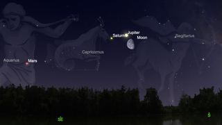 The moon will make a close approach to Jupiter and Saturn in the predawn sky on Tuesday, May 12, 2020. 