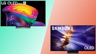 The LG C6 OLED displaying a colorful, abstract image next to the Samsung S90F OLED displaying a colorful depiction of Antelope Canyon