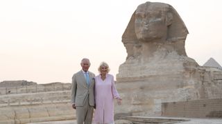 Prince Charles, Prince of Wales and Camilla, Duchess of Cornwall during a visit to the Great Pyramids of Giza and the Great Sphinx of Giza, on the third day of their tour of the Middle East on November 18, 2021 in Cairo, Egypt. Charles will next head to Egypt during his four-day trip to the region.