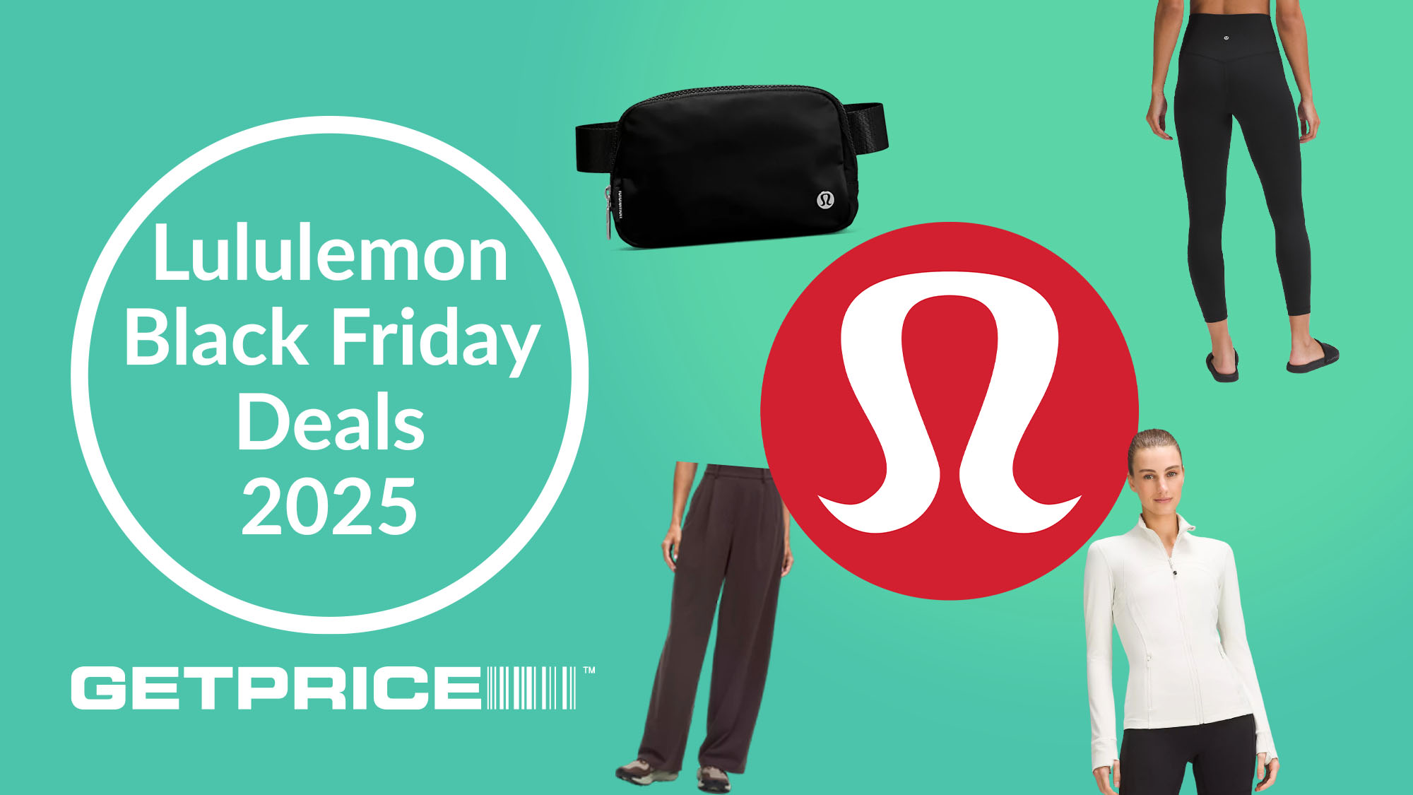 Green background with white writing that says Lululemon Black Friday deals 2025 with scattered images of Lululemon products