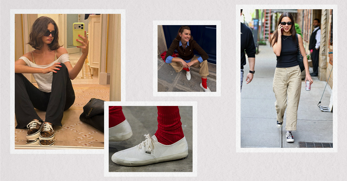 A collage of street style, runway, celebrity, and influencer imagery showcasing canvas sneakers, a Gen Z sneaker trend.