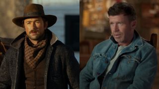From left to right: A press image of Brandon Sklenar as Spencer Dutton in 1923 and a screenshot of Taylor Sheridan doing an interview in a BTS video about 1883.