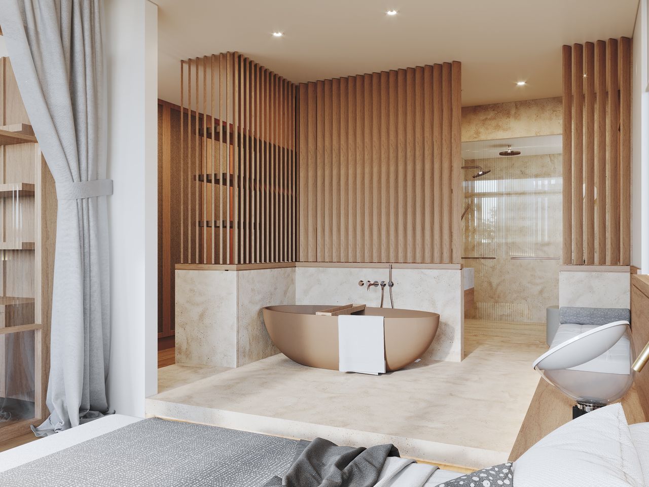 A bathroom with a bathtub inside the bedroom