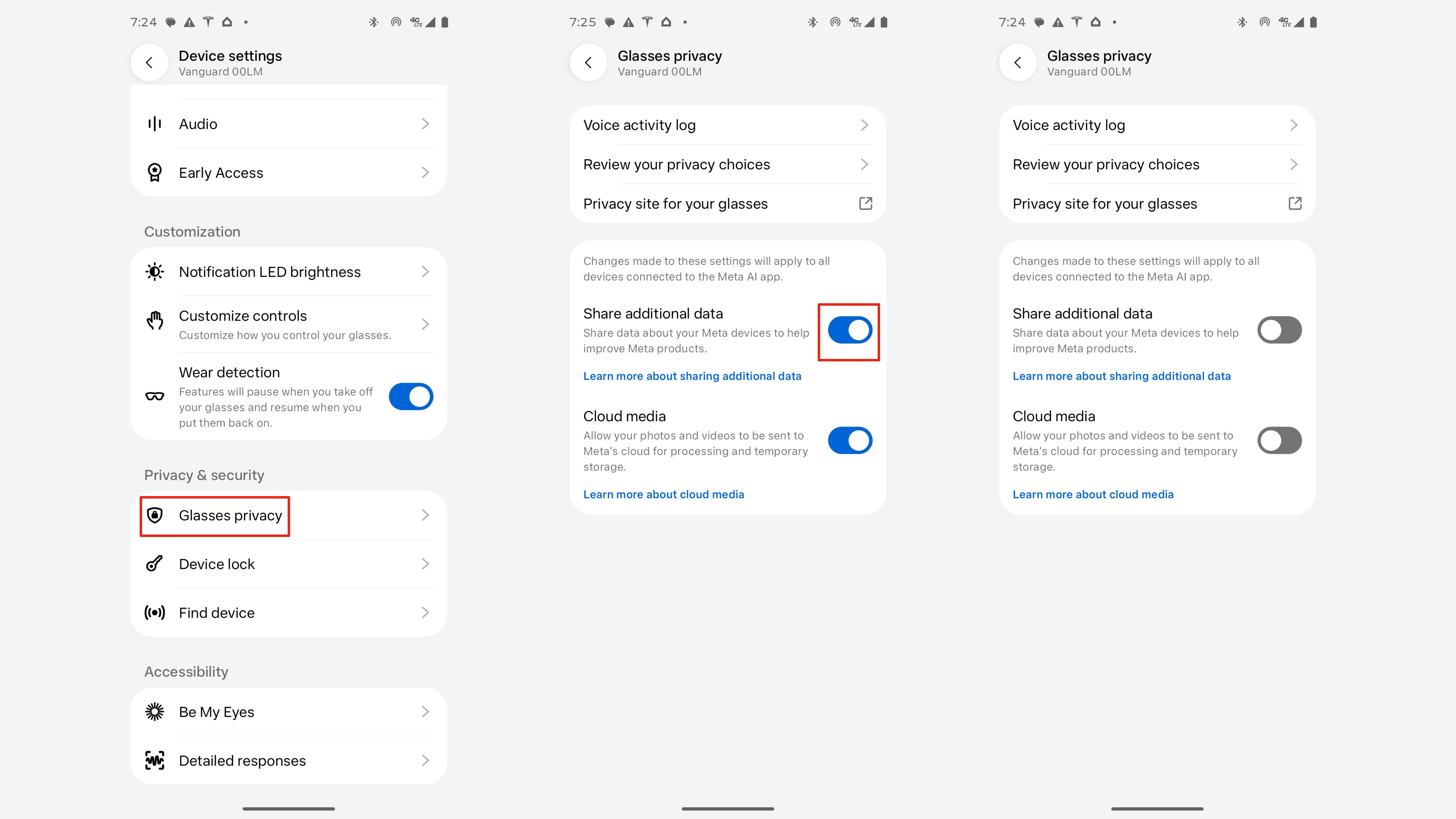 Steps for changing Meta smart glasses privacy settings in the Meta AI app.