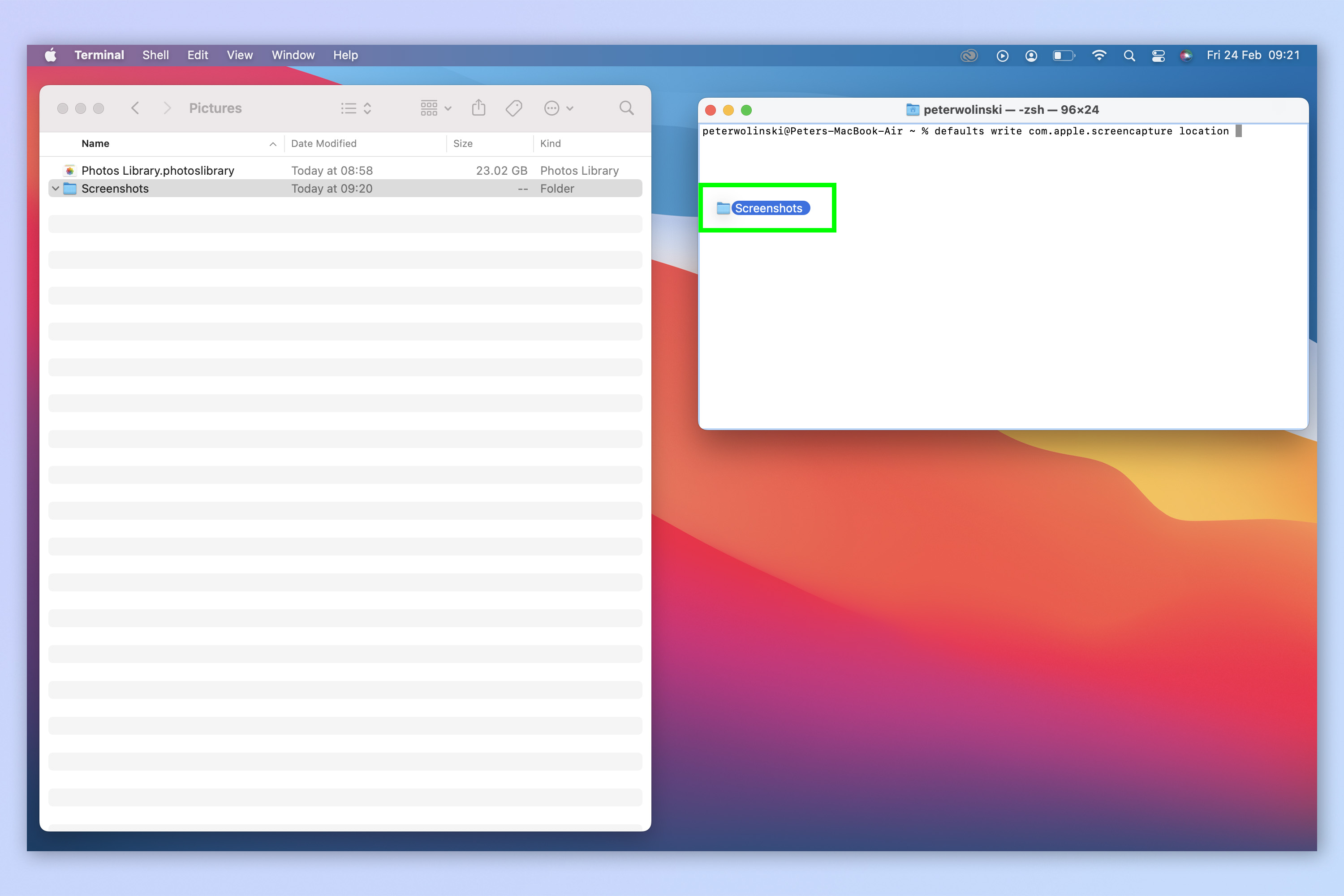 Снимок экрана, показывающий, как изменить местоположение снимка экрана на Mac