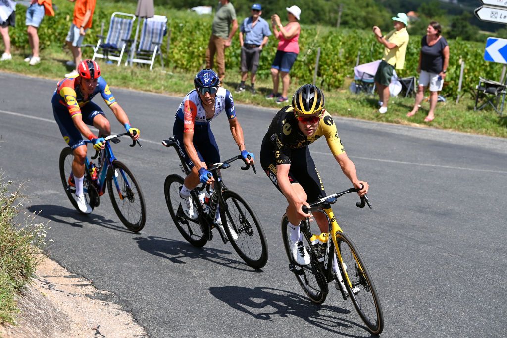 BELLEVILLEENBEAUJOLAIS FRANCE JULY 13 LR Mads Pedersen of Denmark and Team LidlTrek Dylan Teuns of Belgium and Team IsraelPremier Tech and Tiesj Benoot of Belgium and Team JumboVisma compete in the breakaway during the stage twelve of the 110th Tour de France 2023 a 1688km stage from Roanne to Belleville en Beaujolais UCIWT on July 13 2023 in Belleville en Beaujolais France Photo by Tim de WaeleGetty Images