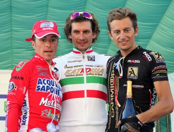 The podium: Luca Paolini (2nd, Acqua &amp; Sapone), Filippo Pozzato (1st, Katusha) and Daniele Colli (3rd, Carmiooro&ndash;A Style).