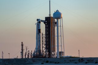 A SpaceX Falcon 9 rocket and Crew Dragon capsule on the launch pad at NASA's Kennedy Space Center in Florida ahead of the liftoff of the Crew-2 mission, which is scheduled to take place on April 23, 2021.