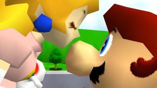 Peach kisses Mario's nose in the ending of Super Mario 64