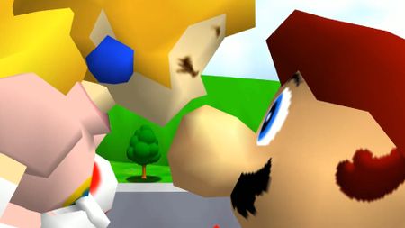 Peach kisses Mario's nose in the ending of Super Mario 64