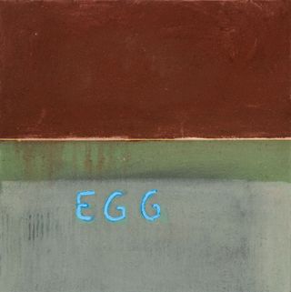 Illustration, top half rustic colour background, bottom half rust colour merged into a green/ grey background with the word 'Egg' wrote in blue