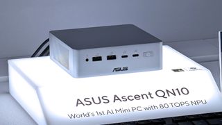 ASUS Ascent QN10 mini PC on an illuminated display at Computex 2026 in Taipei