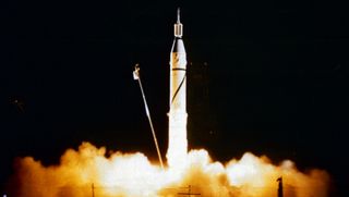 The United States' first satellite, Explorer 1, launches into orbit atop a Jupiter-C rocket on Jan. 31, 1958. 
