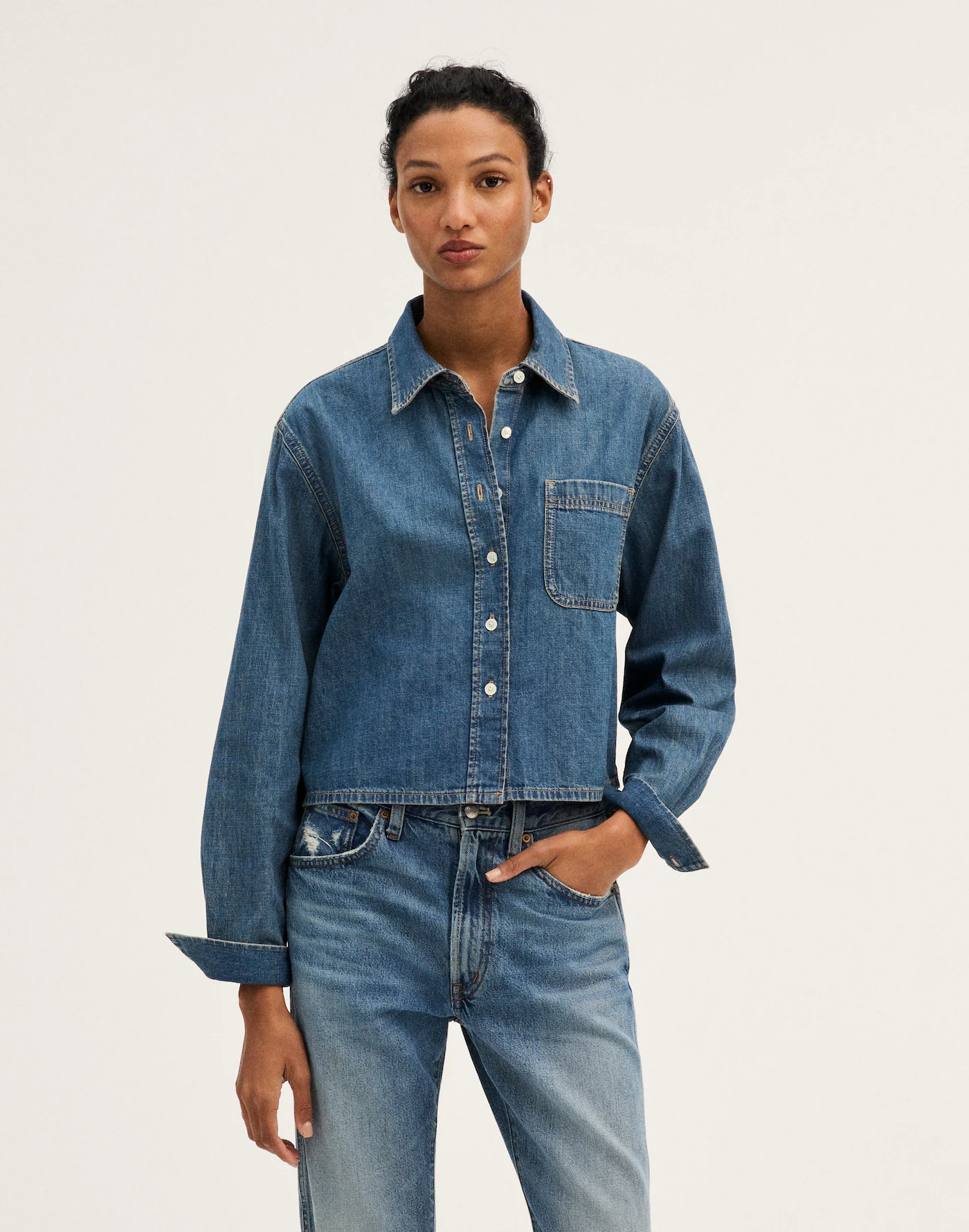Denim Boxy Crop Button-Up Shirt