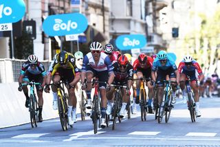 SANREMO ITALY MARCH 20 Arrival Jasper Stuyven of Belgium and Team Trek Segafredo Celebration Michael Matthews of Australia and Team BikeExchange Alex Aranburu Deba of Spain and Team Astana Premier Tech Peter Sagan of Slovakia and Team Bora Hansgrohe Wout Van Aert of Belgium and Team Jumbo Visma Mathieu Van Der Poel of Netherlands and Team AlpecinFenix Caleb Ewan of Australia and Team Lotto Soudal during the 112th MilanoSanremo 2021 a 299km race from Milano to Sanremo MilanoSanremo La Classicissima UCIWT on March 20 2021 in Sanremo Italy Photo by Tim de WaeleGetty Images