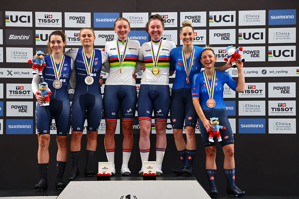 SANTIAGO, CHILE - OCTOBER 25: Cyclists from France, Great Britain, and Italy attend the medal ceremony of the Women's Madison at the 2025 UCI Track World Championships, held at Velódromo de Peñalolén on October 25, 2025 in Santiago, Chile. (Photo by Marcelo Hernandez/Getty Images)