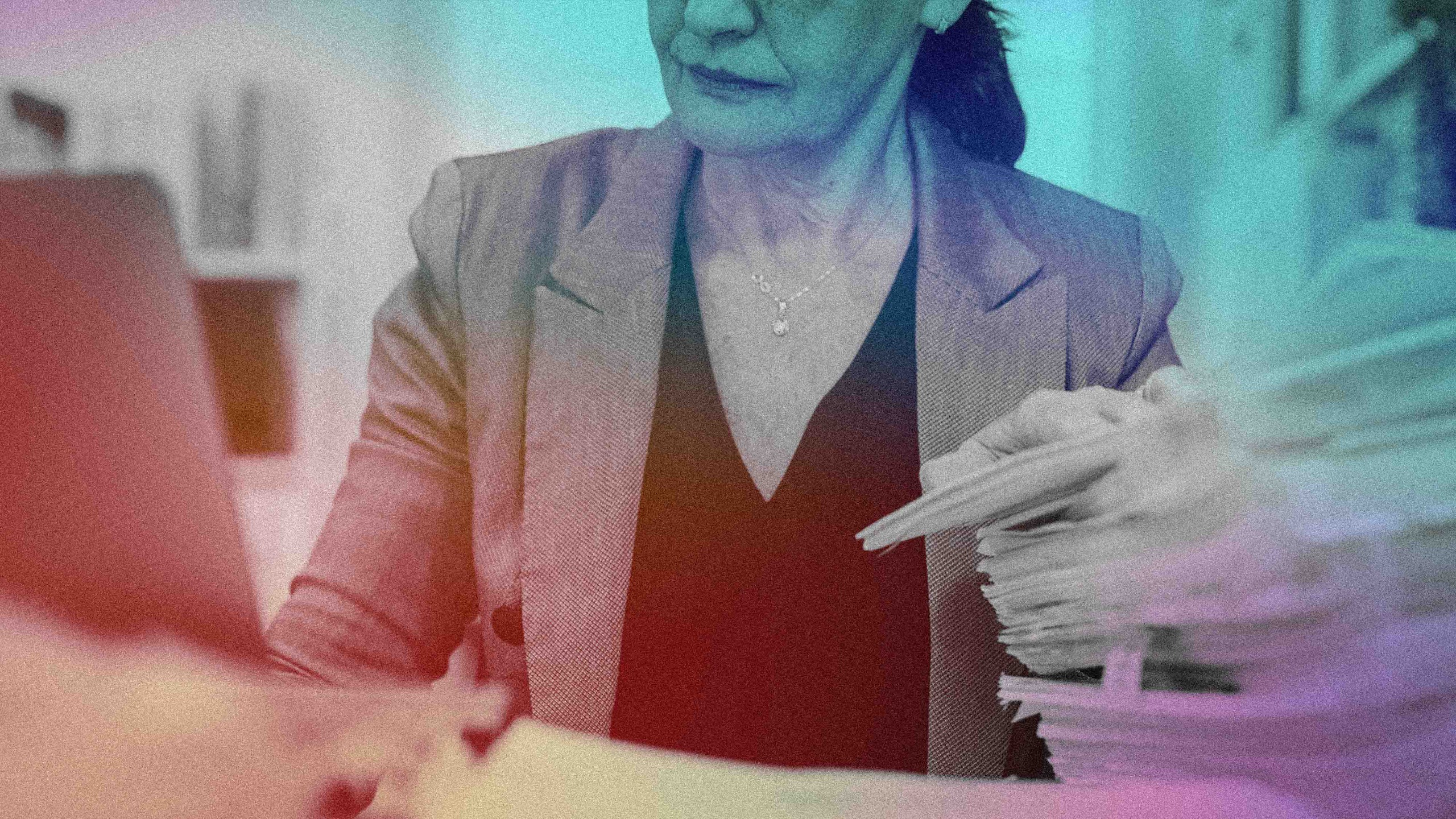 Stylized image of a woman at a desk holding papers, overlaid with pink, blue, and green tones.