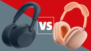 The Sony WH-1000XM6 and Apple AirPods Max on a grey and red background with a white versus sign between them.