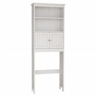 Over The Toilet Storage Cabinet with Adjustable Shelf and Double Doors, Bathroom Space Saver Organizer Above Toilet with Open Shelf, Taller Wooden Free Standing Toilet Rack -White