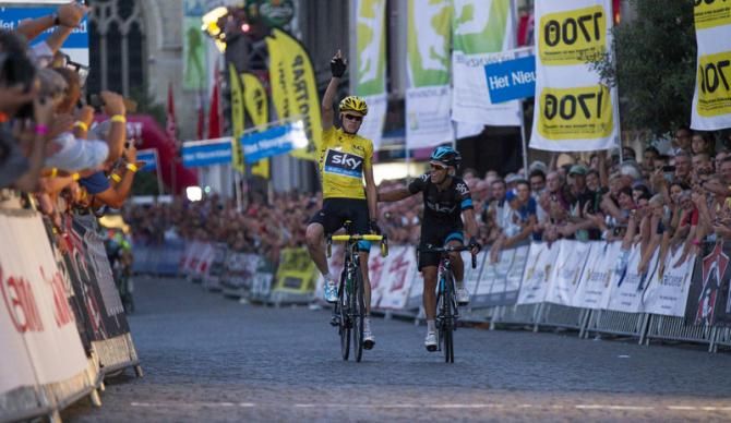 Chris Froome (Sky) and teammate Richie Porte cross the finish line 1-2