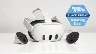Meta Quest 3 and controllers on table with Tom's Guide Black Friday Amazon Deal badge