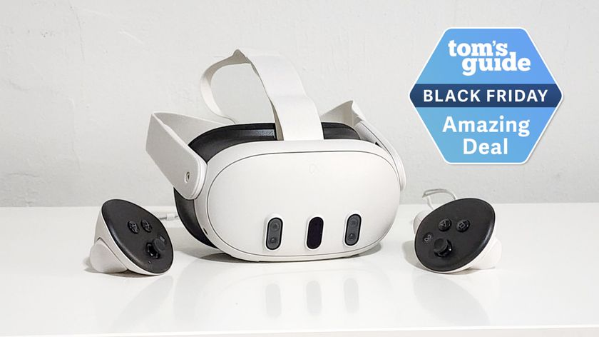 Meta Quest 3 and controllers on table with Tom&#039;s Guide Black Friday Amazon Deal badge