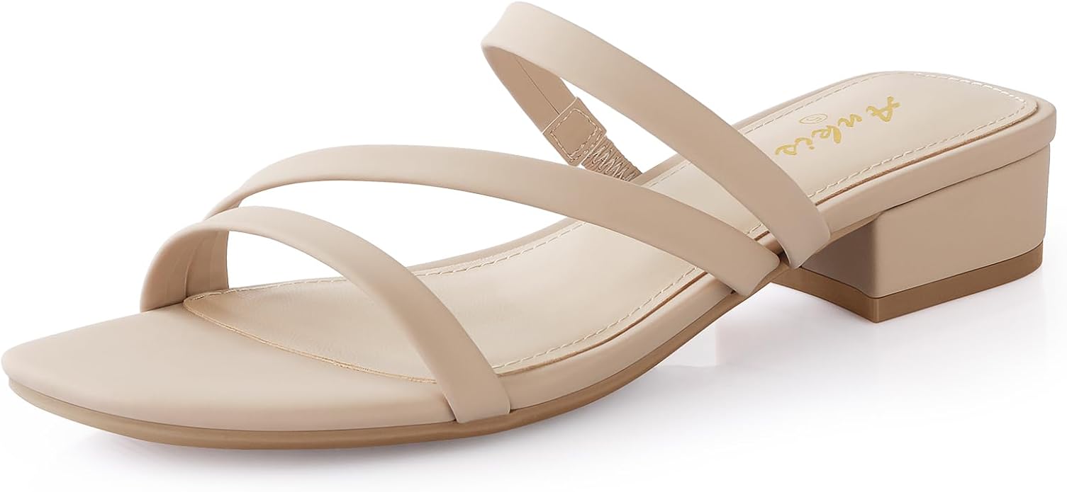 Ankis, Ankis Women Black Nude White Heels-Sandals for Women 2025 Strappy Square Open Toe Low 1 Inch Chunky Block Slip on Heeled Sandal Mule