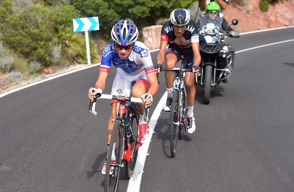 Kenny Elissonde (FDJ) with J&eacute;r&ocirc;me Coppel (IAM Cycling)