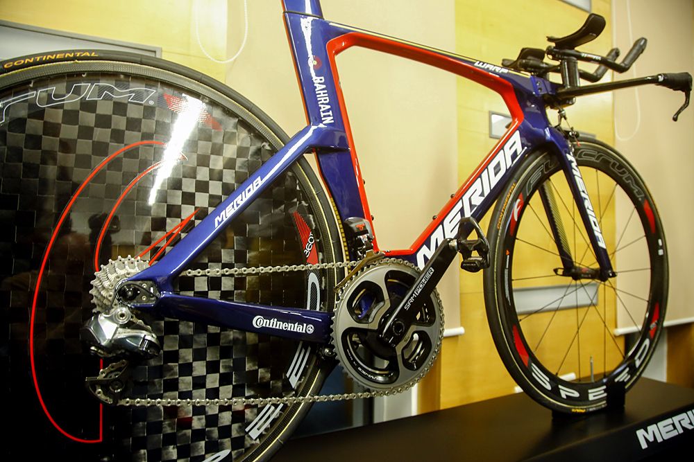 Bahrain-Merida 2017 team bike on display at the official team presentation in Croatia