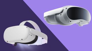 The Oculus Quest 2 vs the Pico 4, the two headsets float in front of a purple background