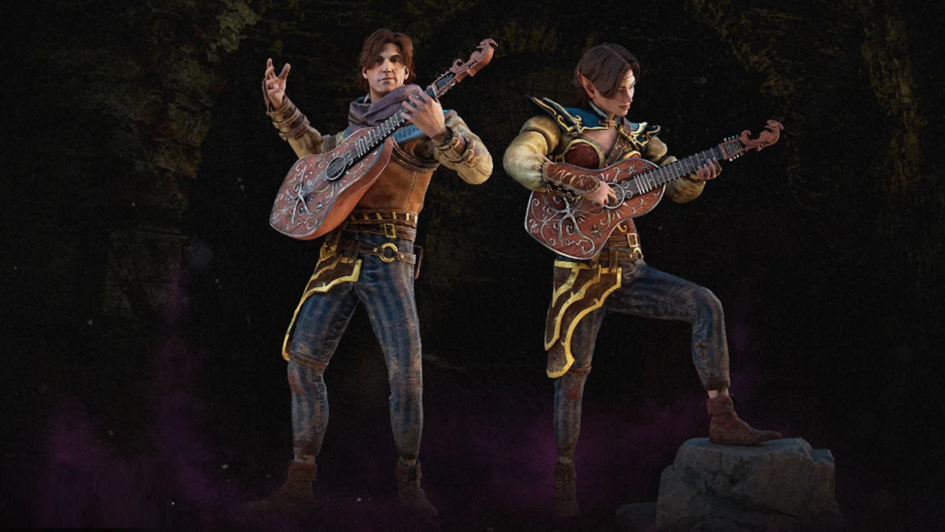 Dead by Daylight promo art: Two bards standing side by side, playing lutes
